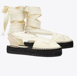 Tory Burch Cream and Black Lace-Up Espadrille Flats